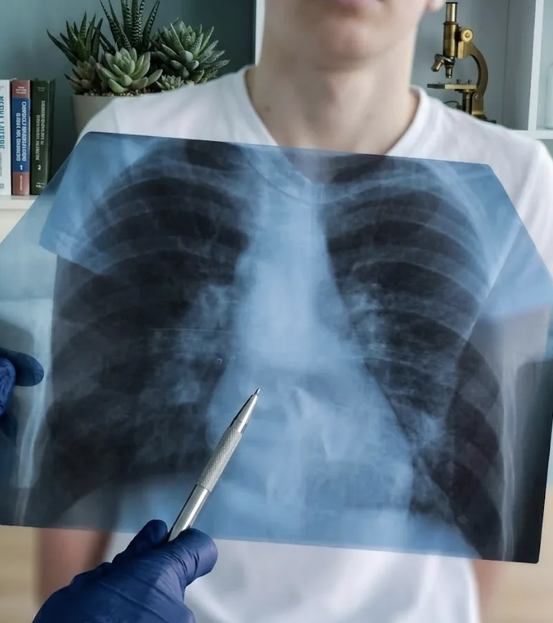 Profissional de saúde examinando uma radiografia de tórax