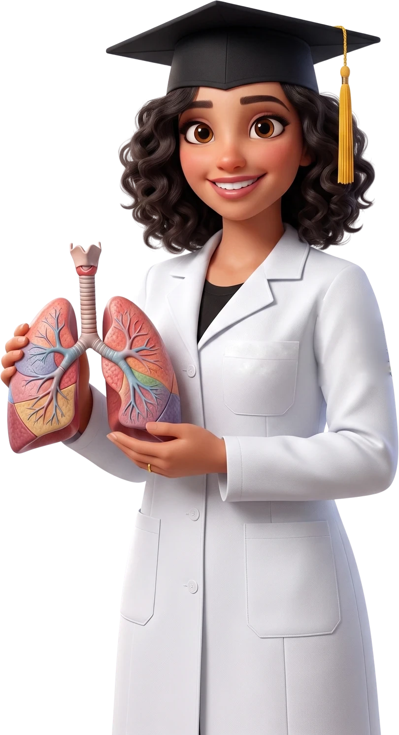Ilustração de uma médica de jaleco branco e capelo de formatura segurando um modelo anatômico de pulmões